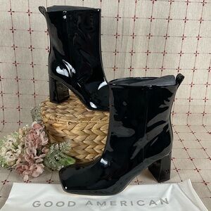 Good American Black Patent Leather Ankle Boots GA165P-X Glossy Square Toe 7.5